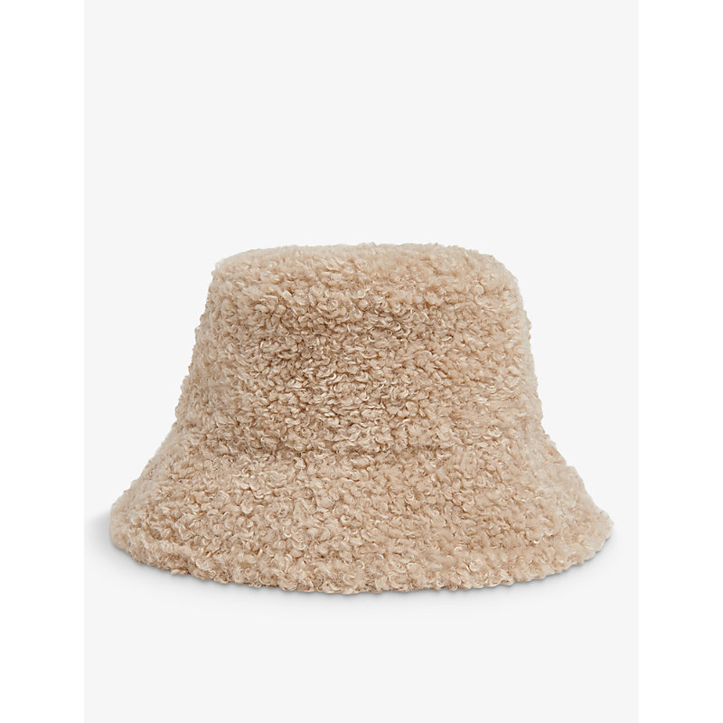 Womens Cream Wide-brim Borg Bucket hat