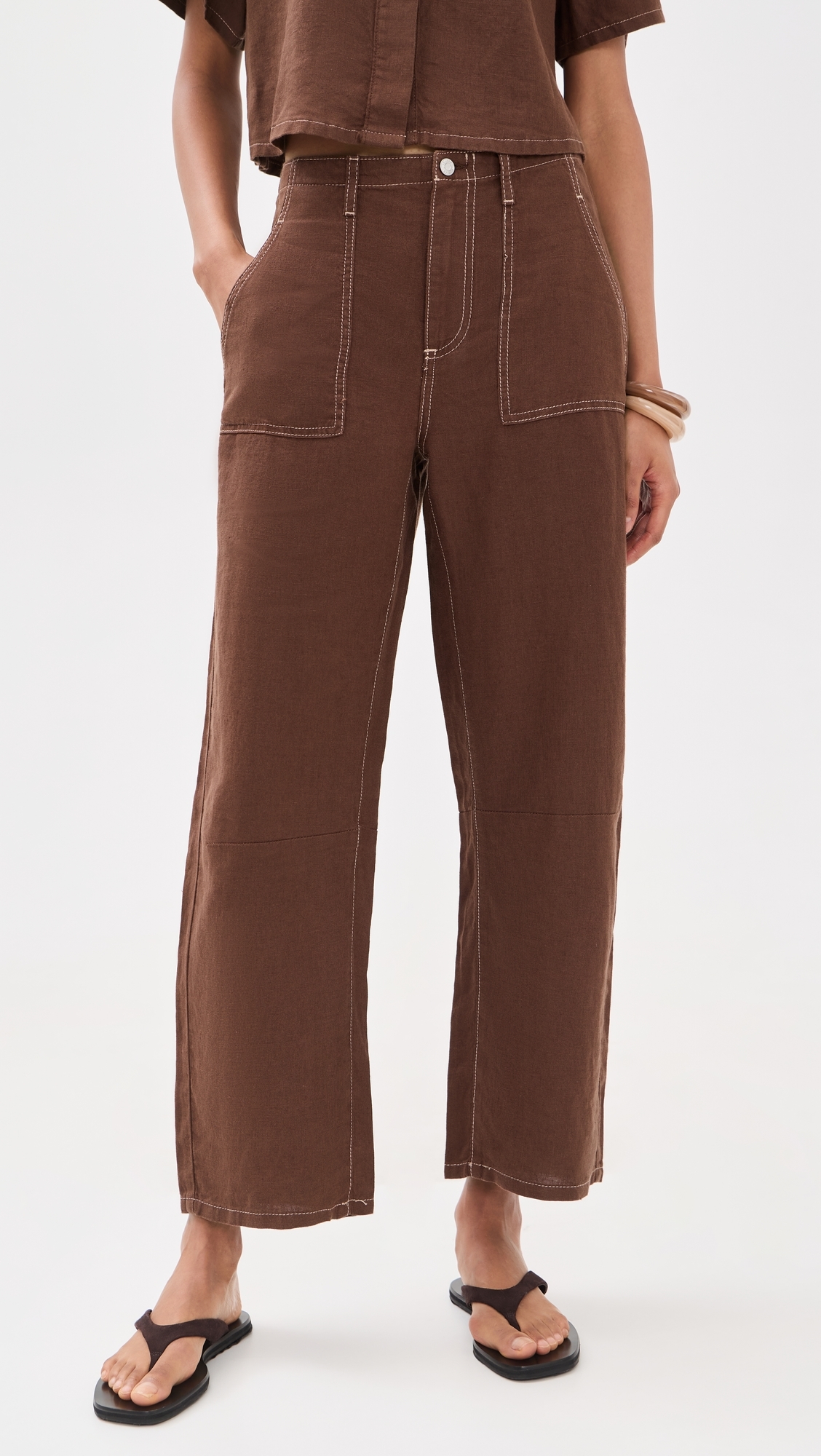 Mid Rise Linen Utility Barrel Pants Cocoa