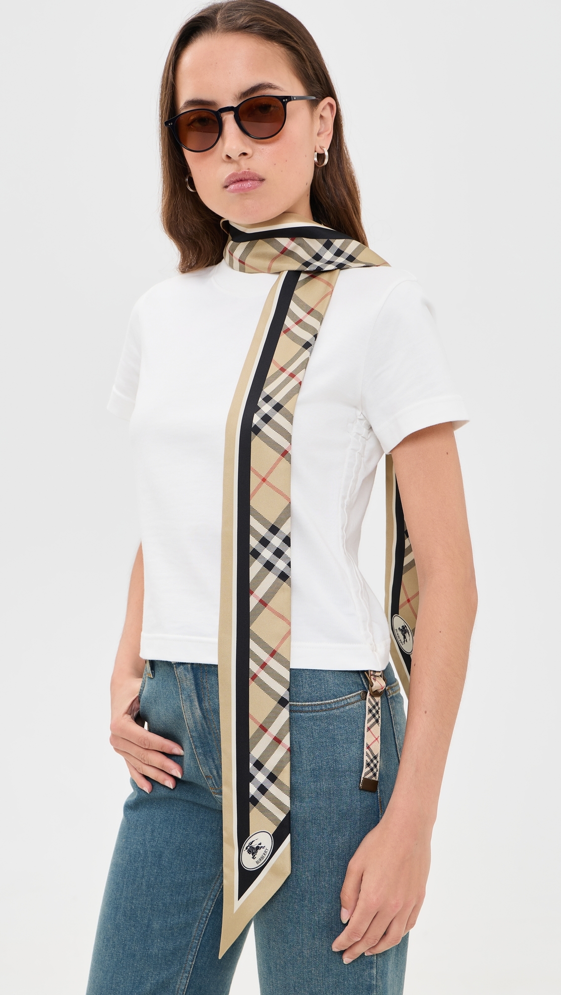 Check Silk Skinny Scarf Sand One Size
