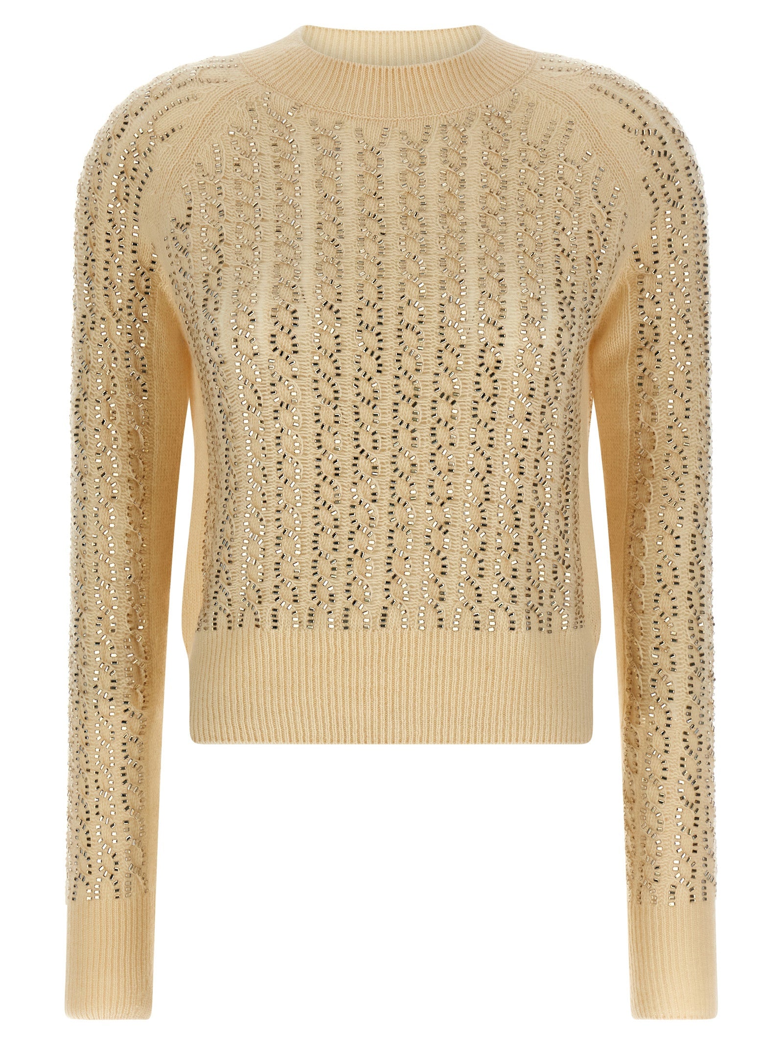 Studded Braided Knit Virgin Wool Sweater — Beige