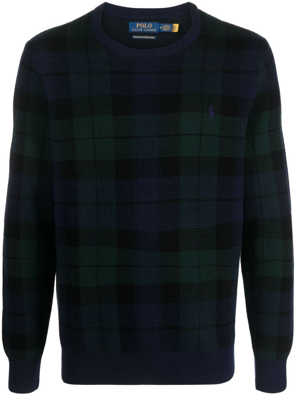 Blue Crewneck Sweater With Pony Embroidery On The Front And All-over Check Motif In Wool Man