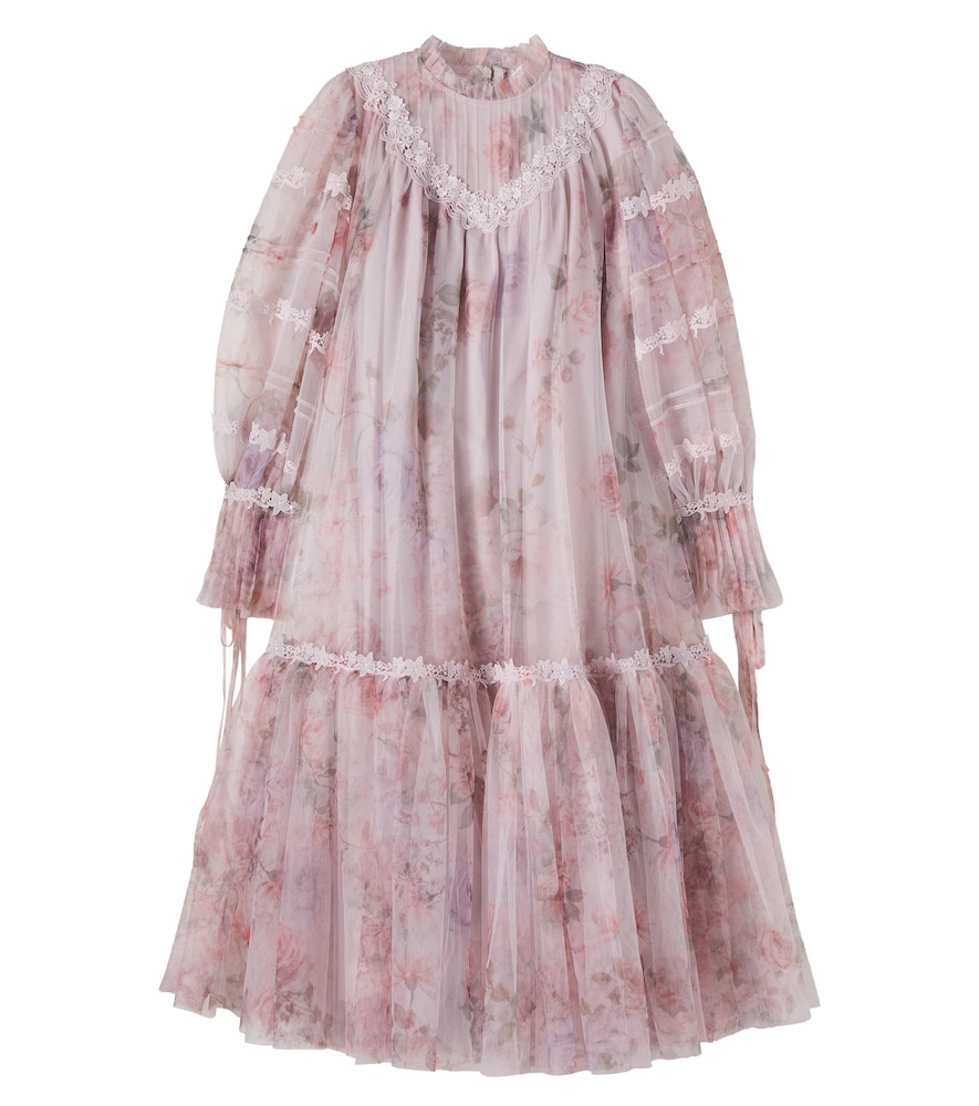 Lace-trimmed floral tulle dress