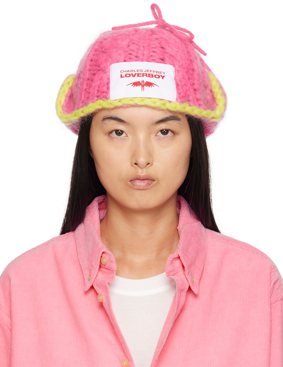 Charles Jeffrey LOVERBOY Pink & Yellow Chunky Aviator Beanie