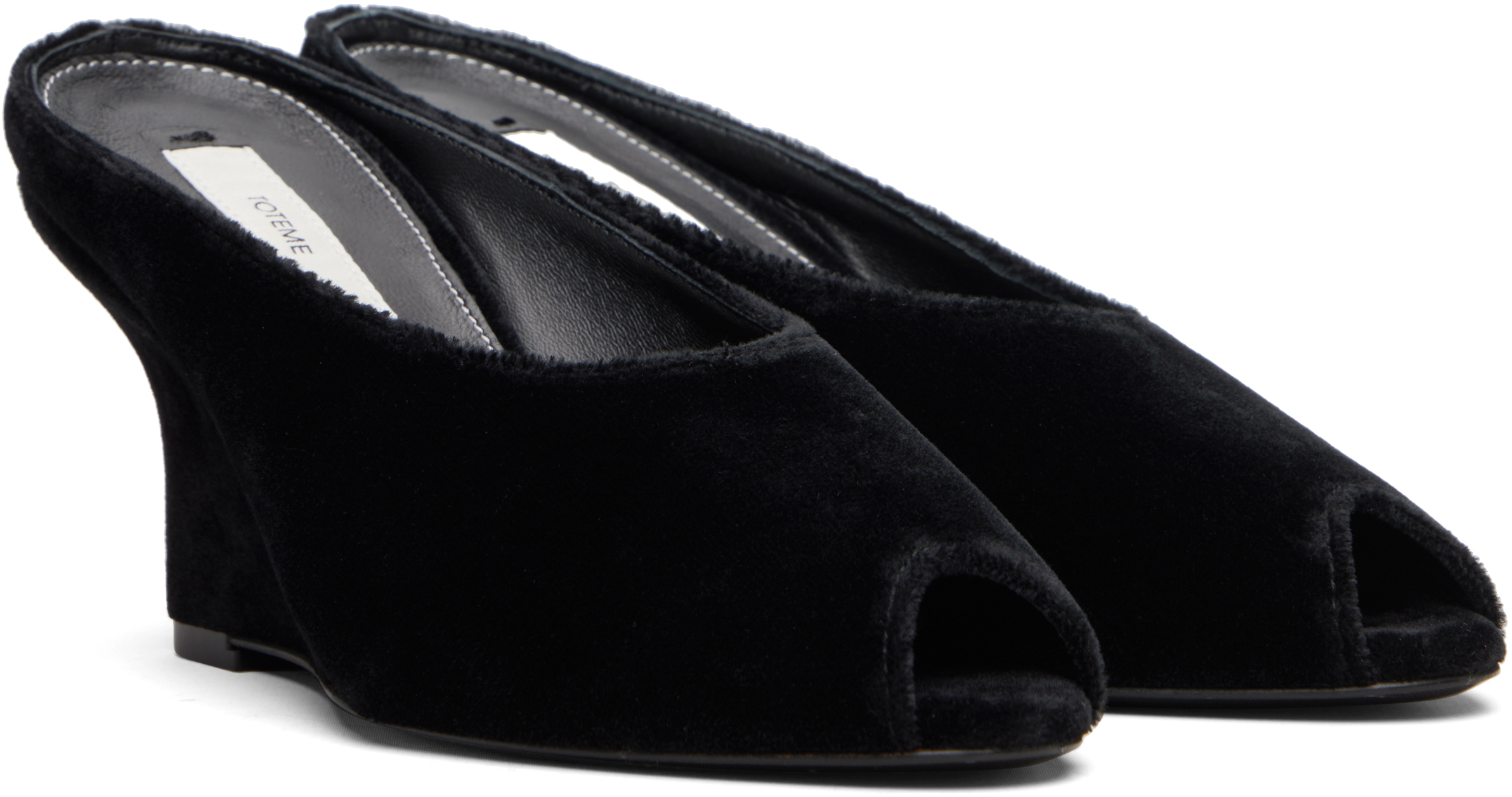 Black Peep-Toe Velvet Wedge Mule Heels