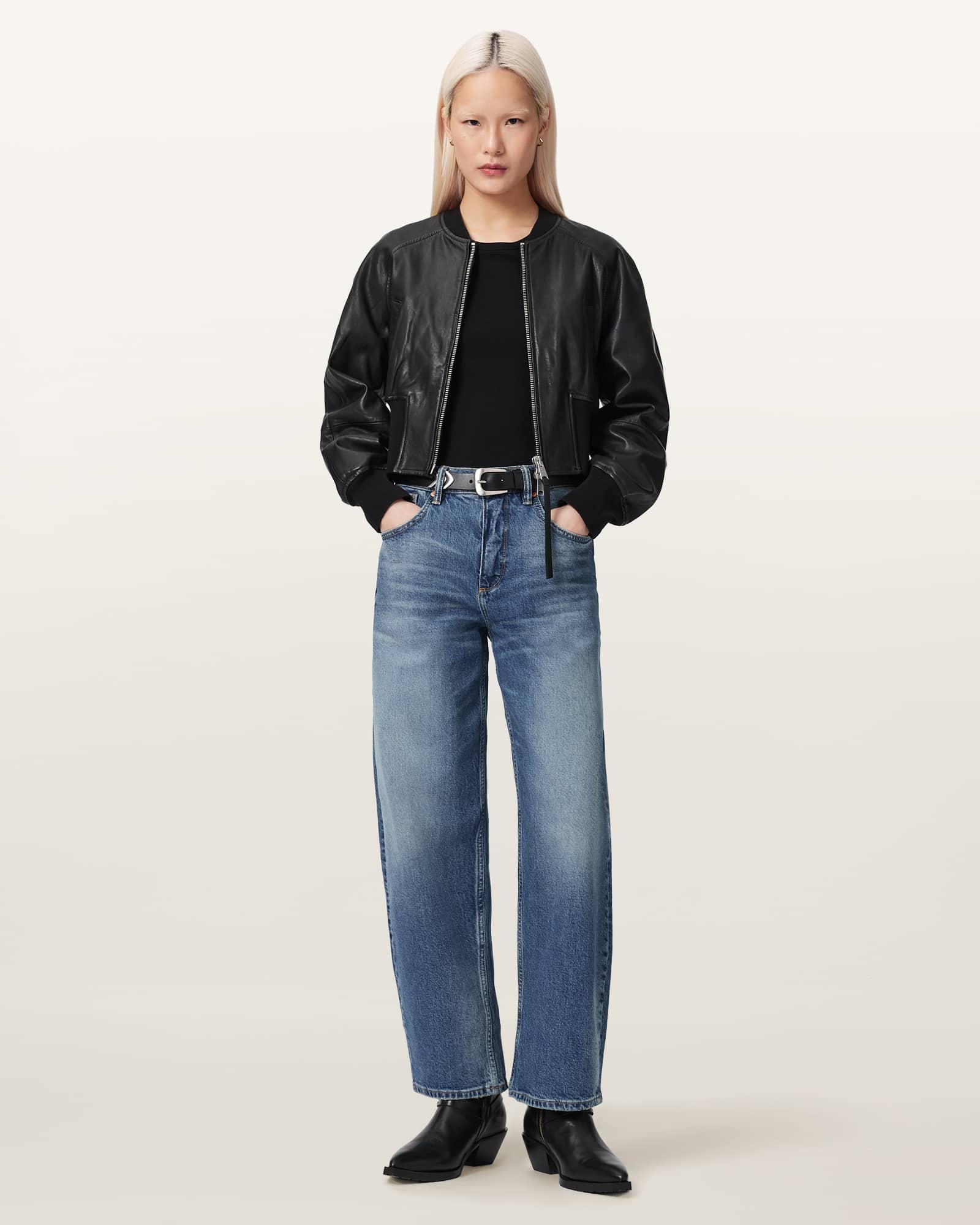 Suri Cropped Leather Bomber Jacket
