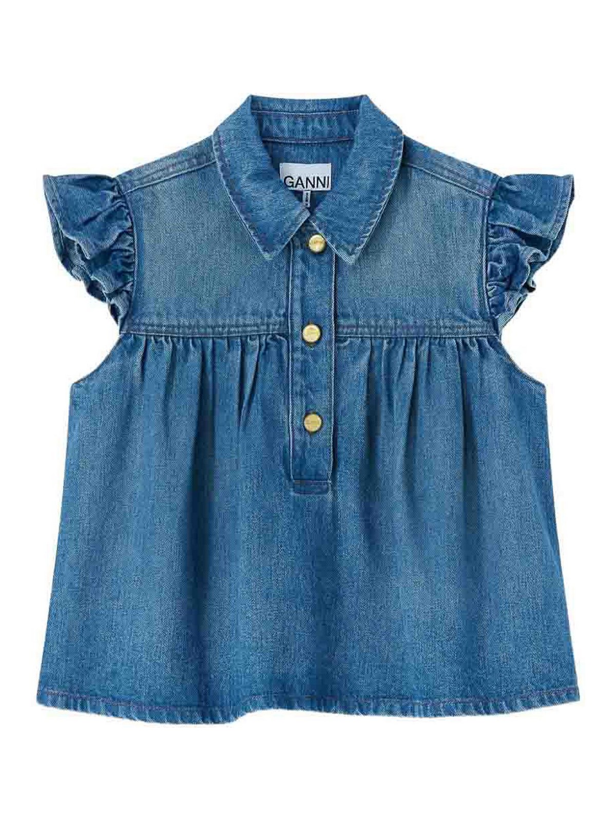 Denim Ruffle Tops Blue