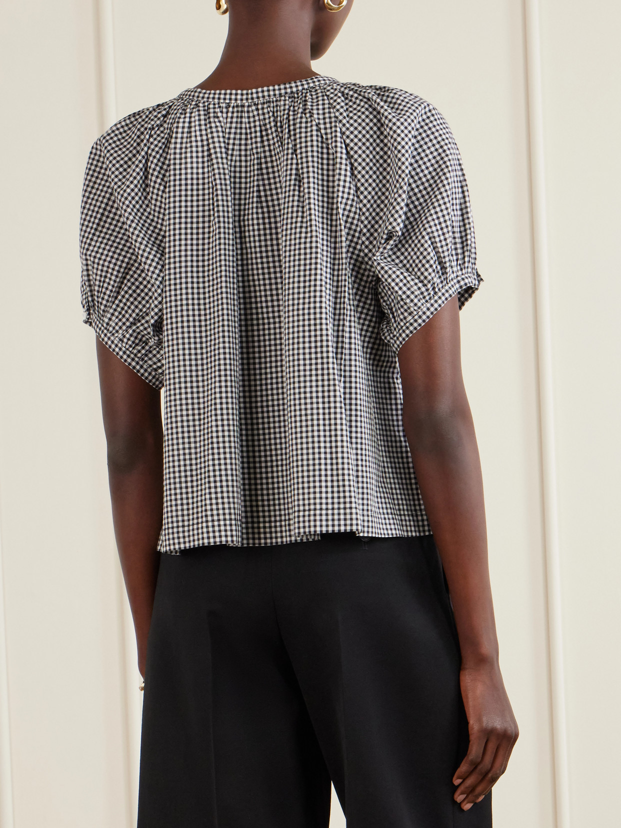 June Gathered Checked Cotton Blouse - Black