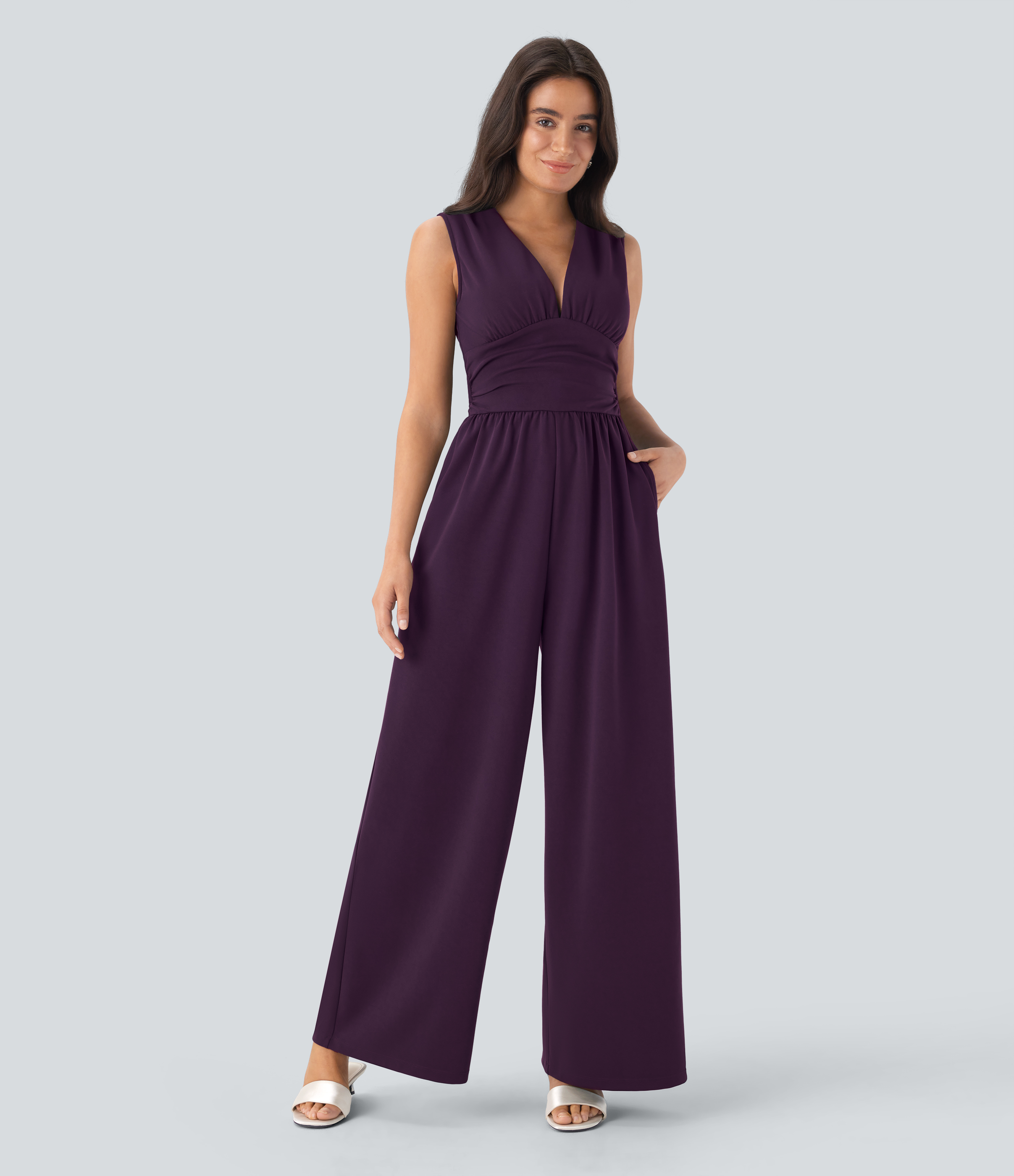 V Neck Sleeveless Ruched Pocket Jumpsuit-Easy Peezy  - Purple Pennant