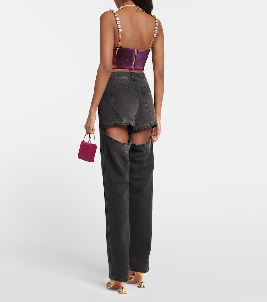Area Embellished cotton-blend cropped top