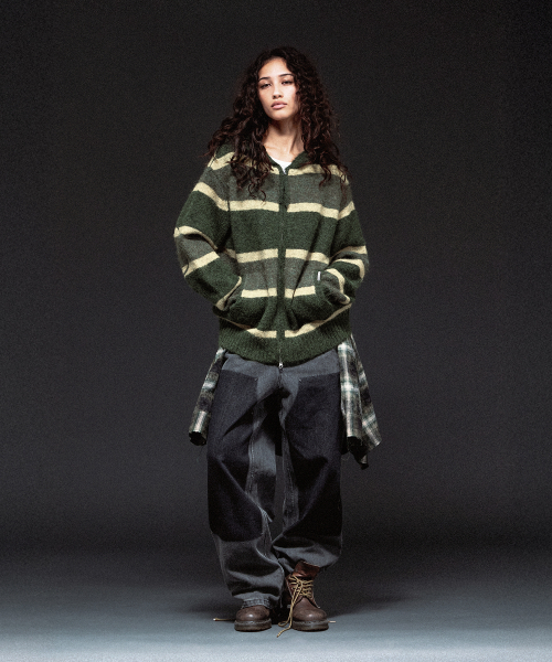 STRIPE KNIT HOODIE ZIP-UP KHAKI
