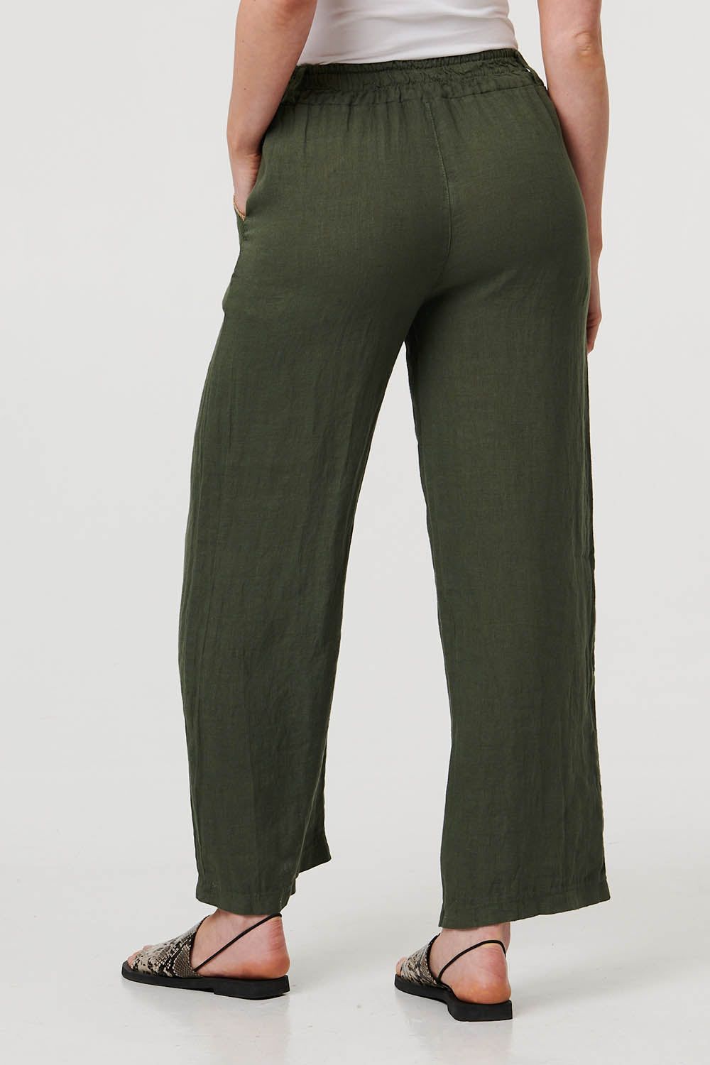Izabel London Women's High Waist Wide Ankle Length Trousers in Khaki