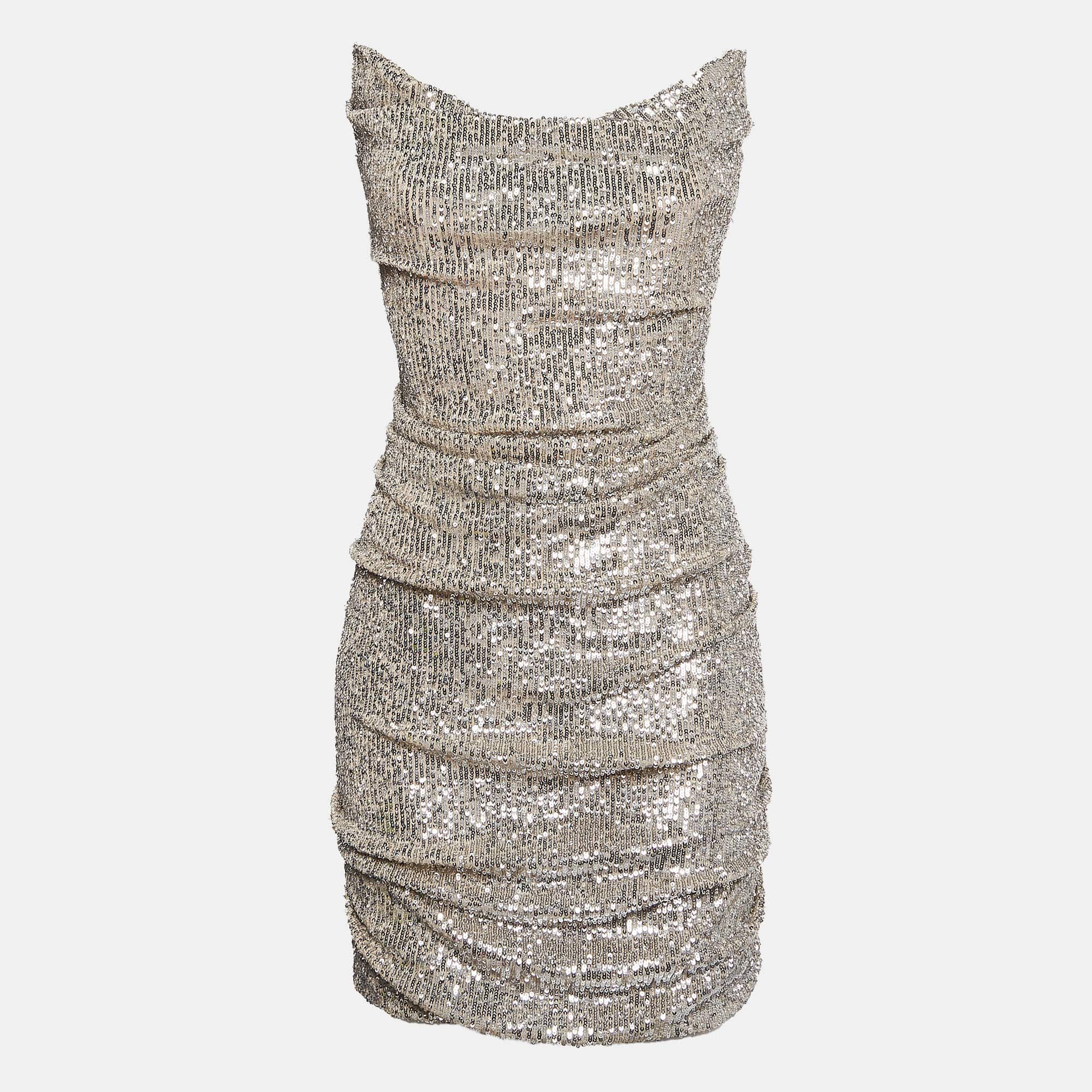 Silver Sequin Ruche Strapless Mini Dress