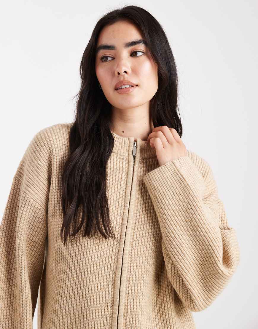 Premium high neck double zip knitted bomber jacket in camel-Neutral