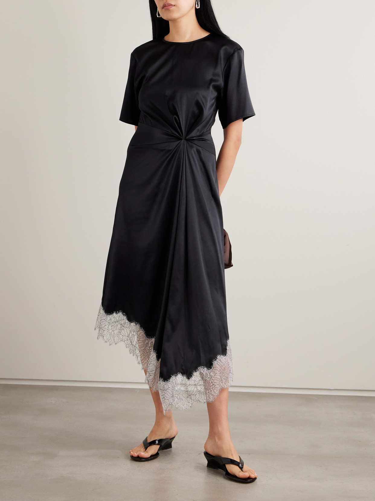 Sonoma Asymmetric Gathered Lace-trimmed Silk-blend Satin Midi Dress - Black