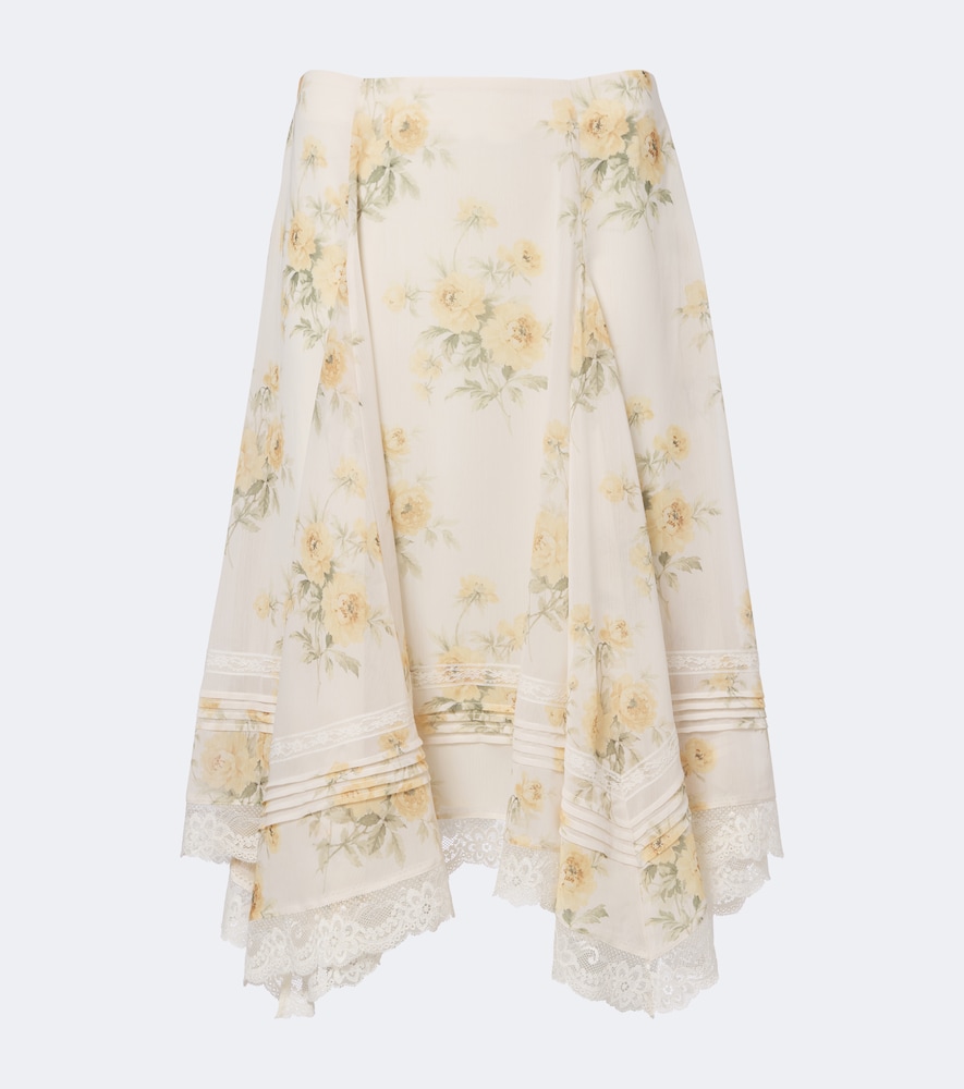 Floral asymmetric lace-trimmed midi skirt