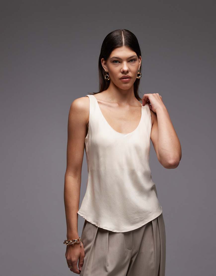 Satin scoop neck tank top in stone-Neutral