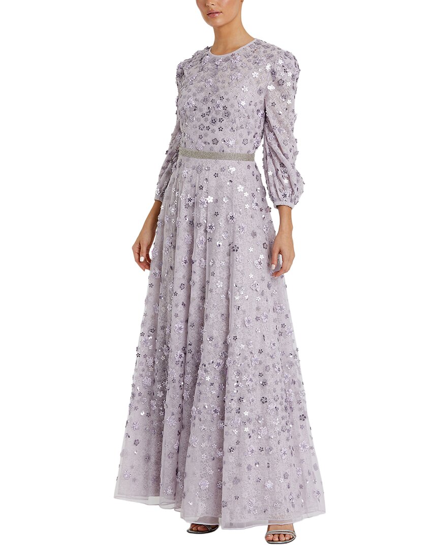 Floral Beaded Mesh Puff Sleeve A Line Gown