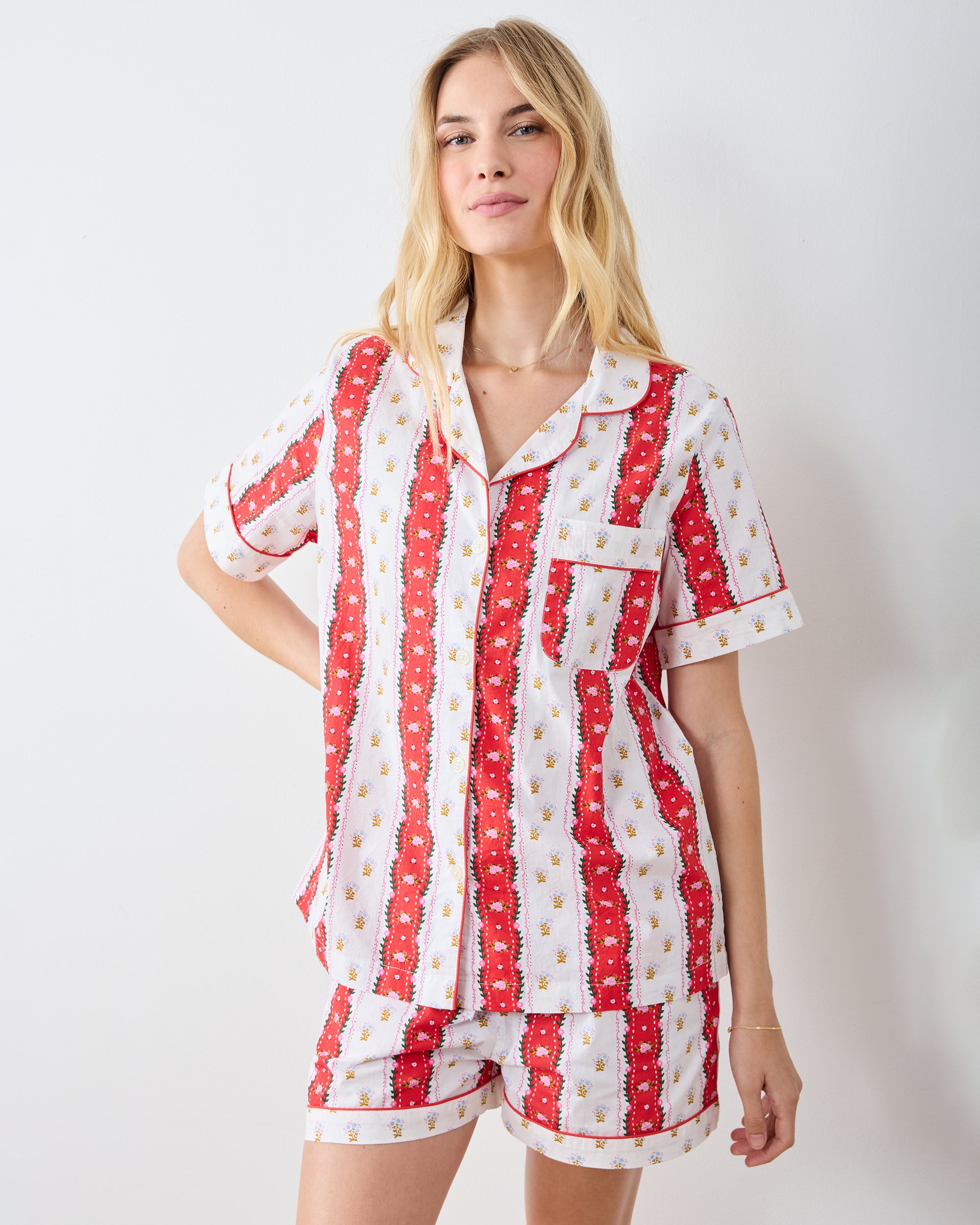 Organic Cotton Short Pajama Set in Sweetheart Stripes | Women's XXS | Red and White | Sleepwear