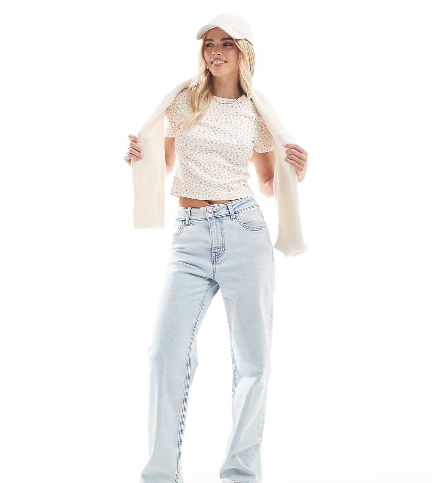 Miss Selfridge Petite heart pocket straight leg jeans in ice bleach wash-Blue