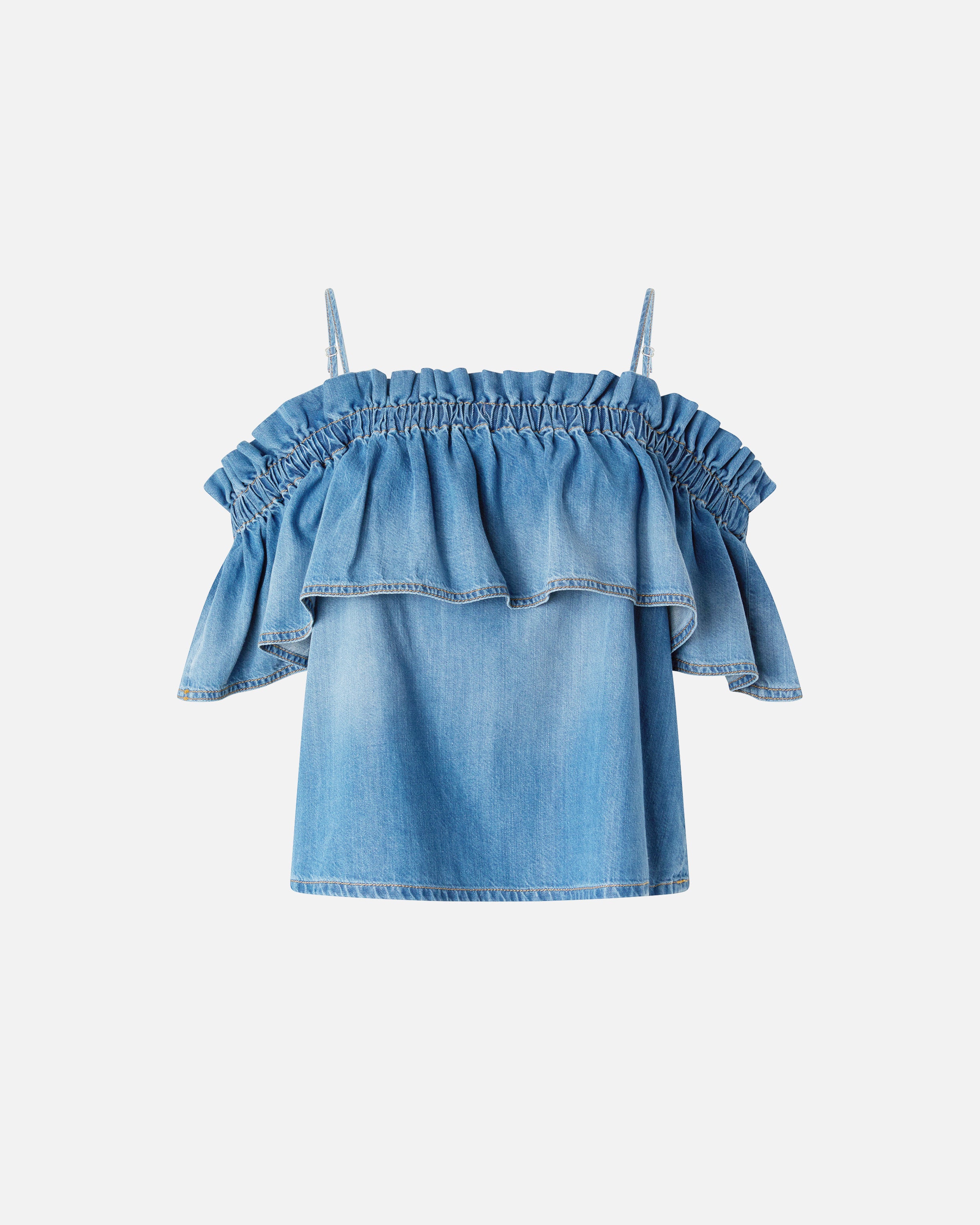 Denim top with ruffle and open shoulders - 36