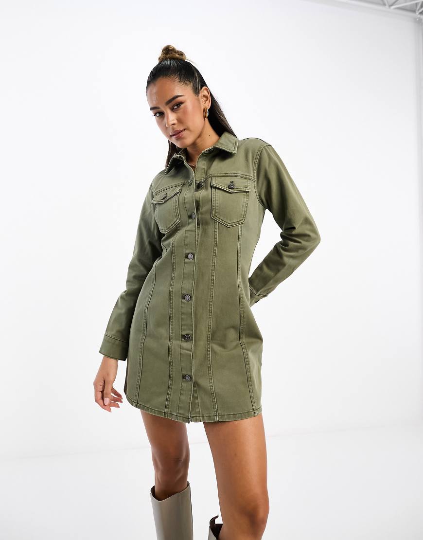 ASOS DESIGN denim fitted shirt dress in khaki-Green