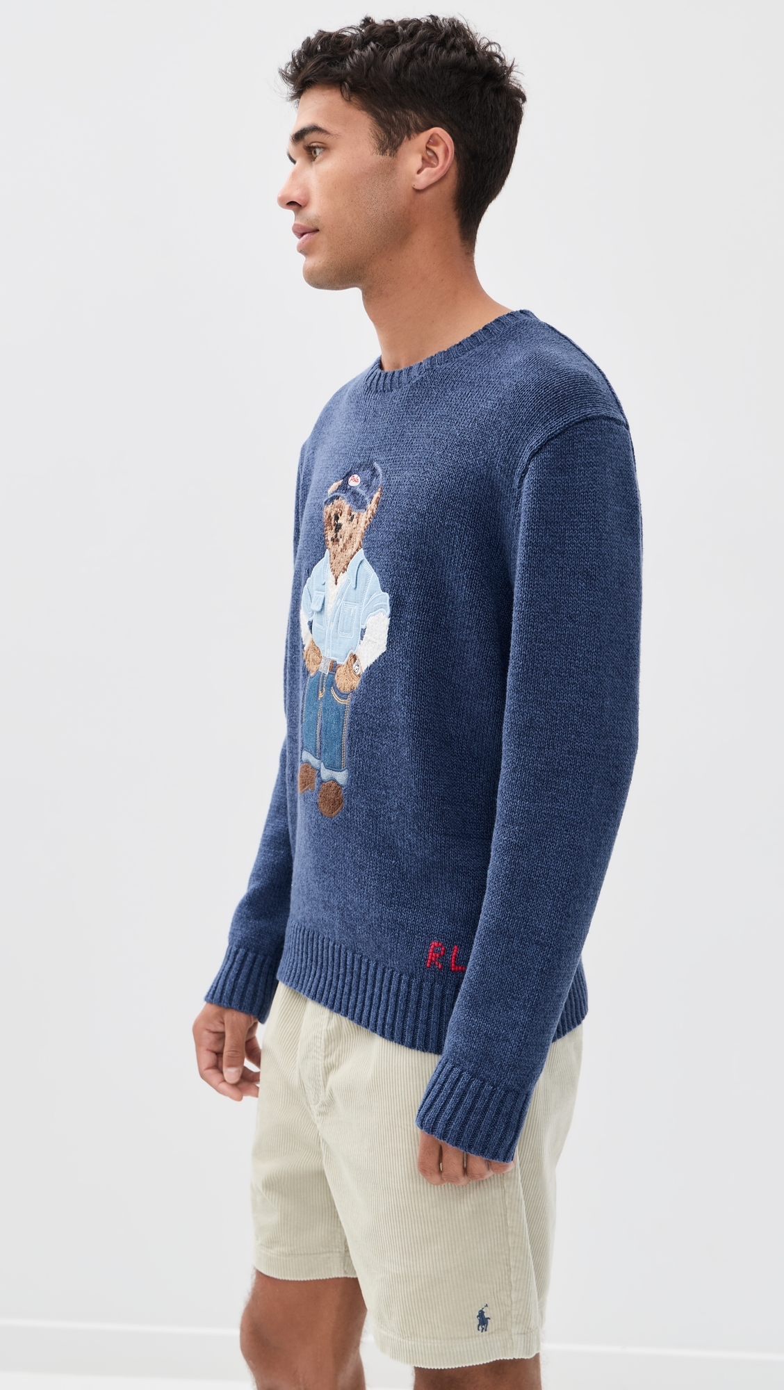 Original Label Cotton Linen Denim Bear Crewneck Sweater Light Navy