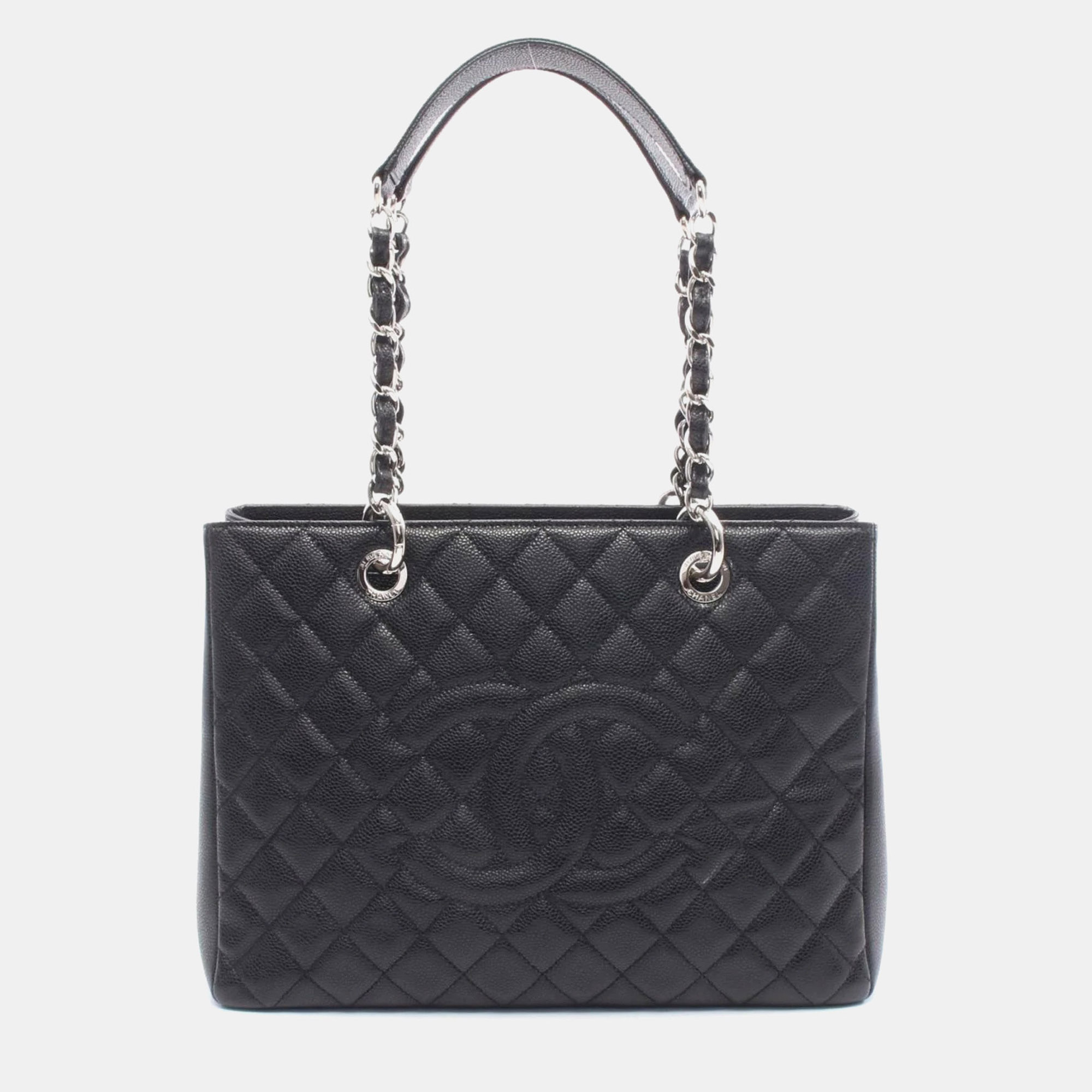 Chanel Matelasse Grand Shopping Gst Tote Bag In Grained Calfskin Leather Black