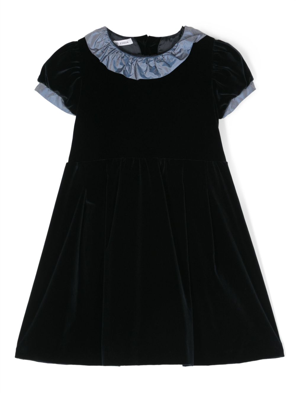 Ruffled-trim short-sleeve velvet dress - Blue