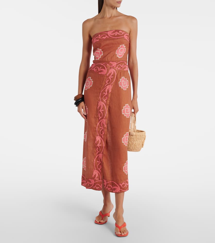 Embroidered smocked linen midi dress