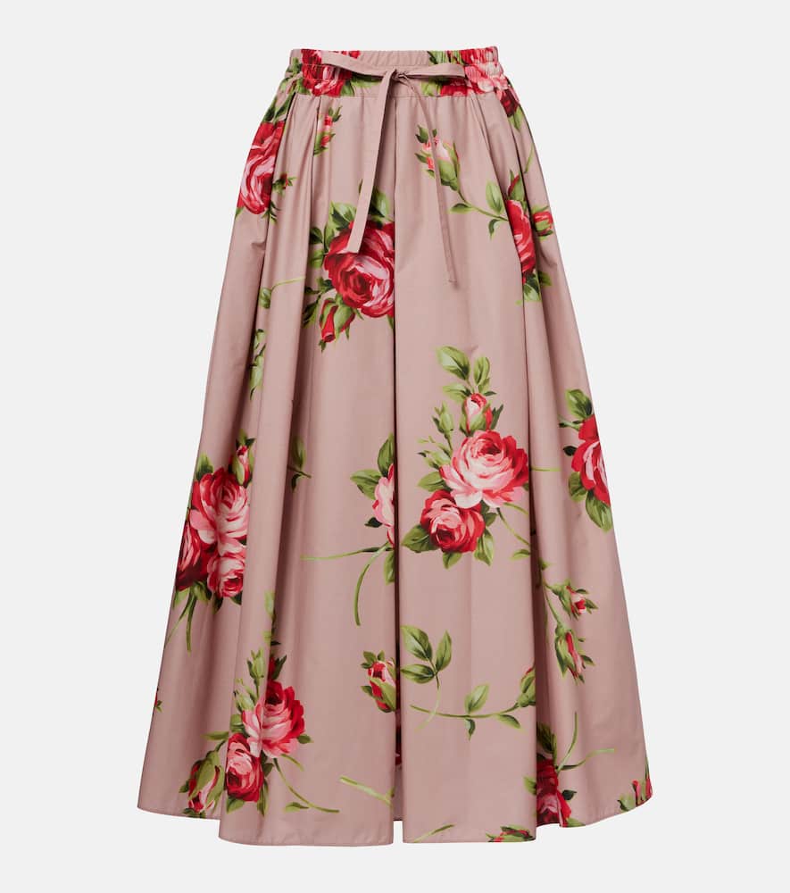 Floral pleated cotton midi skirt