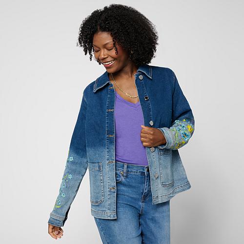 Ombre Dyed Embroidered Sleeve Denim Jacket - Blue