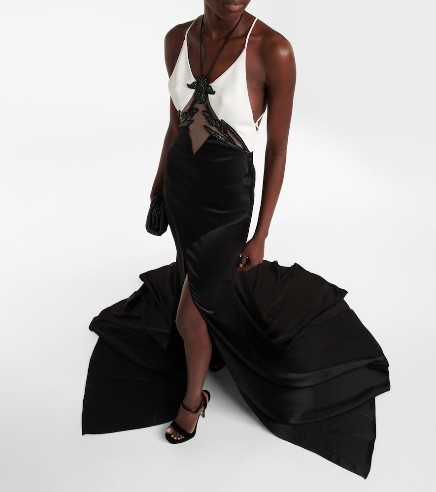 Embellished cady and satin gown