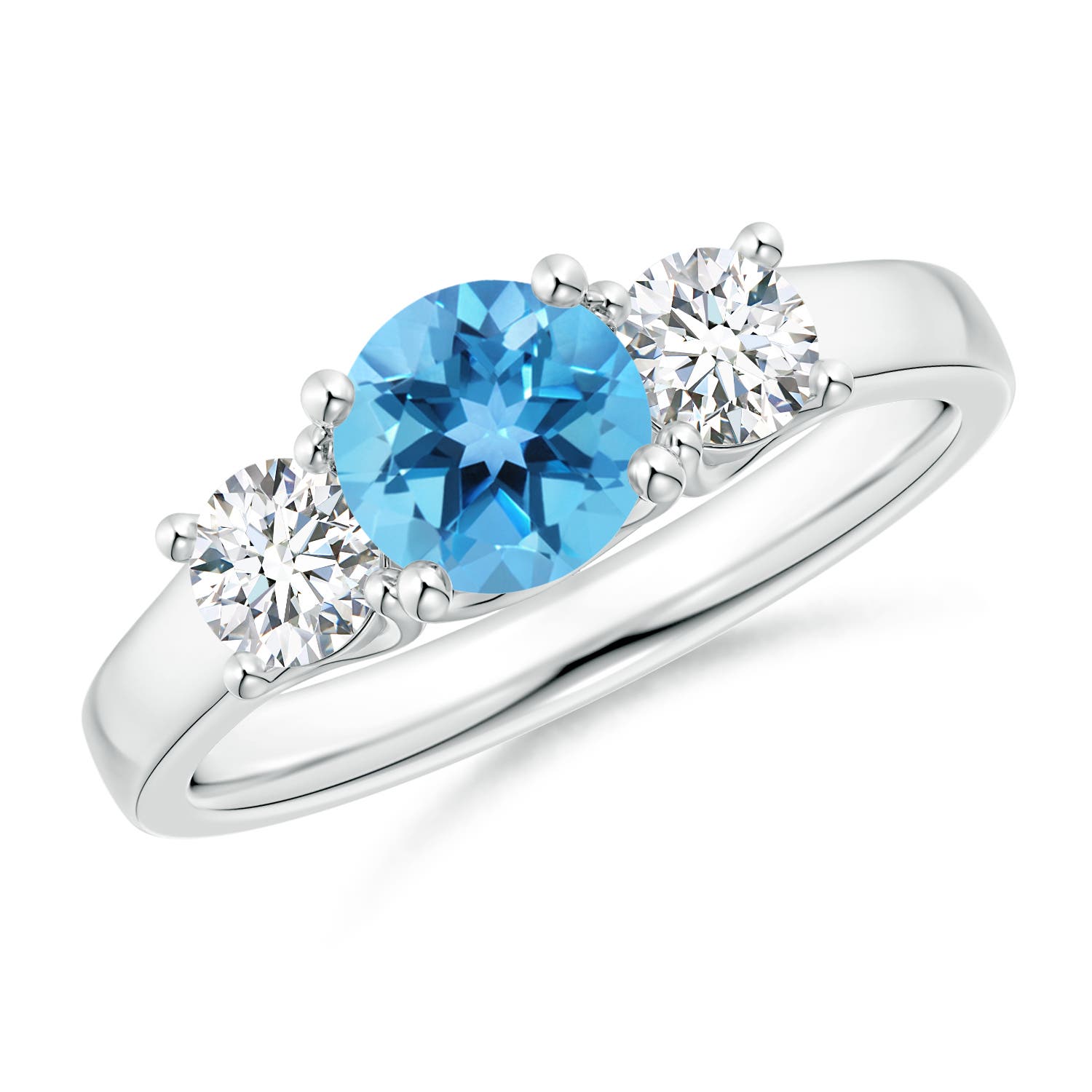 Angara 0.95 Carat Classic Round Swiss Blue Topaz and Diamond Three Stone Ring in Platinum