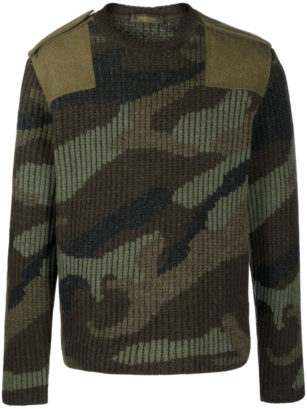 Camouflage panelled ribbed-knit jumper - Green