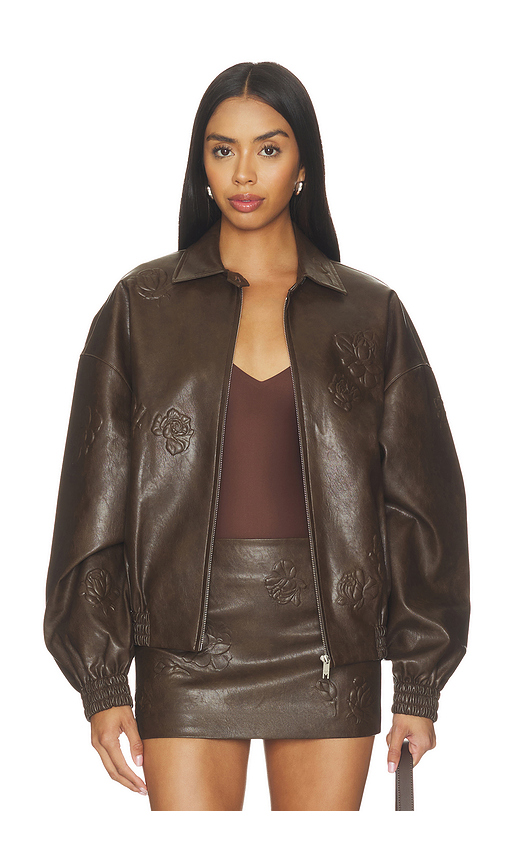 Markgong Faux Leather Floral Imprinted Baseball Jacket in Brown. 36/4. Also /6