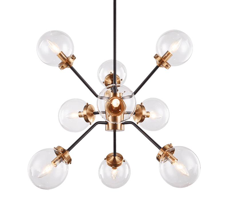 Aged Gold Brass Nine Light Chandelier from the Maru Collection