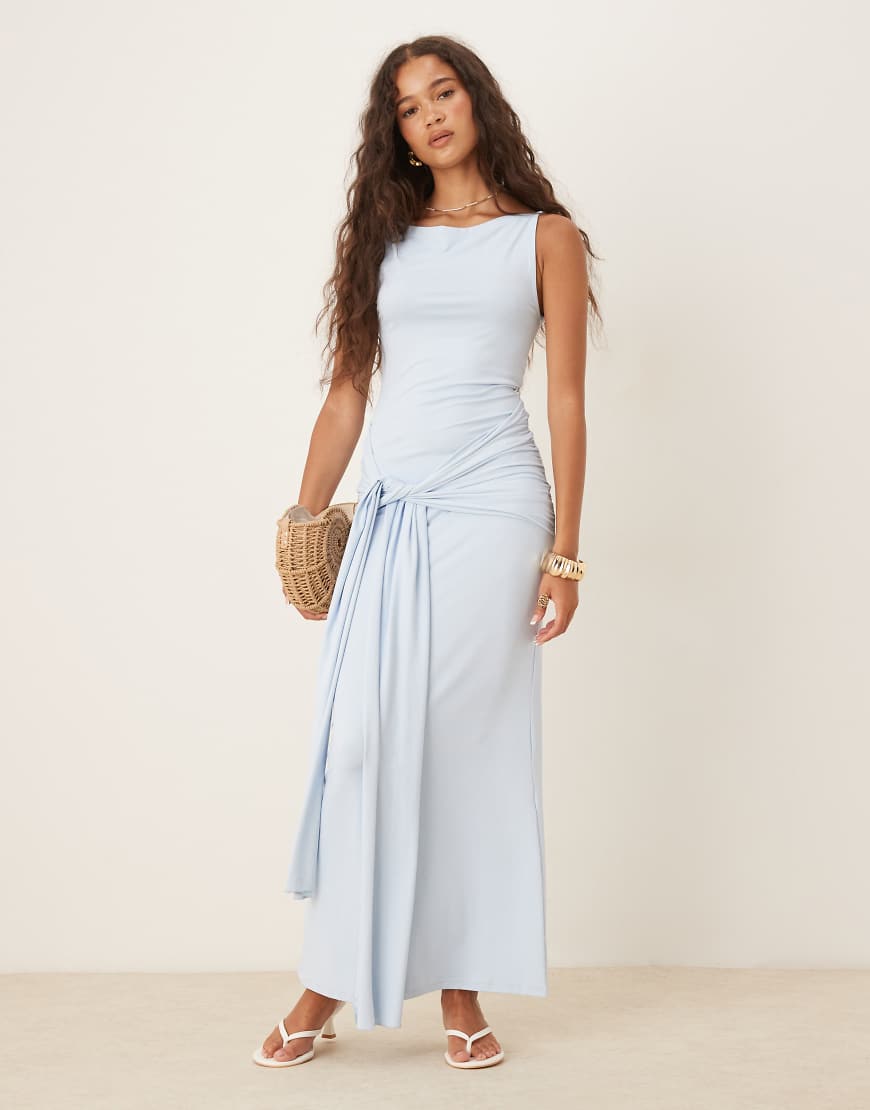 Soft tie front knot maxi dress in light blue