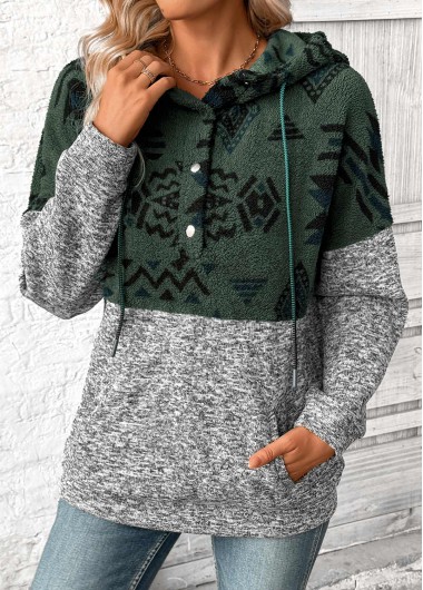 Modlily Grey Patchwork Tribal Print Long Sleeve Hoodie