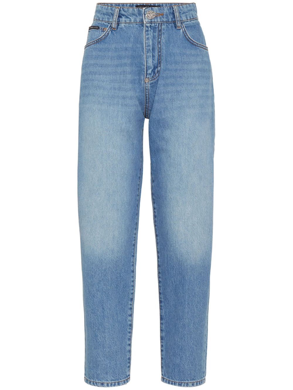 Logo-appliqué high-rise tapered jeans - Blue