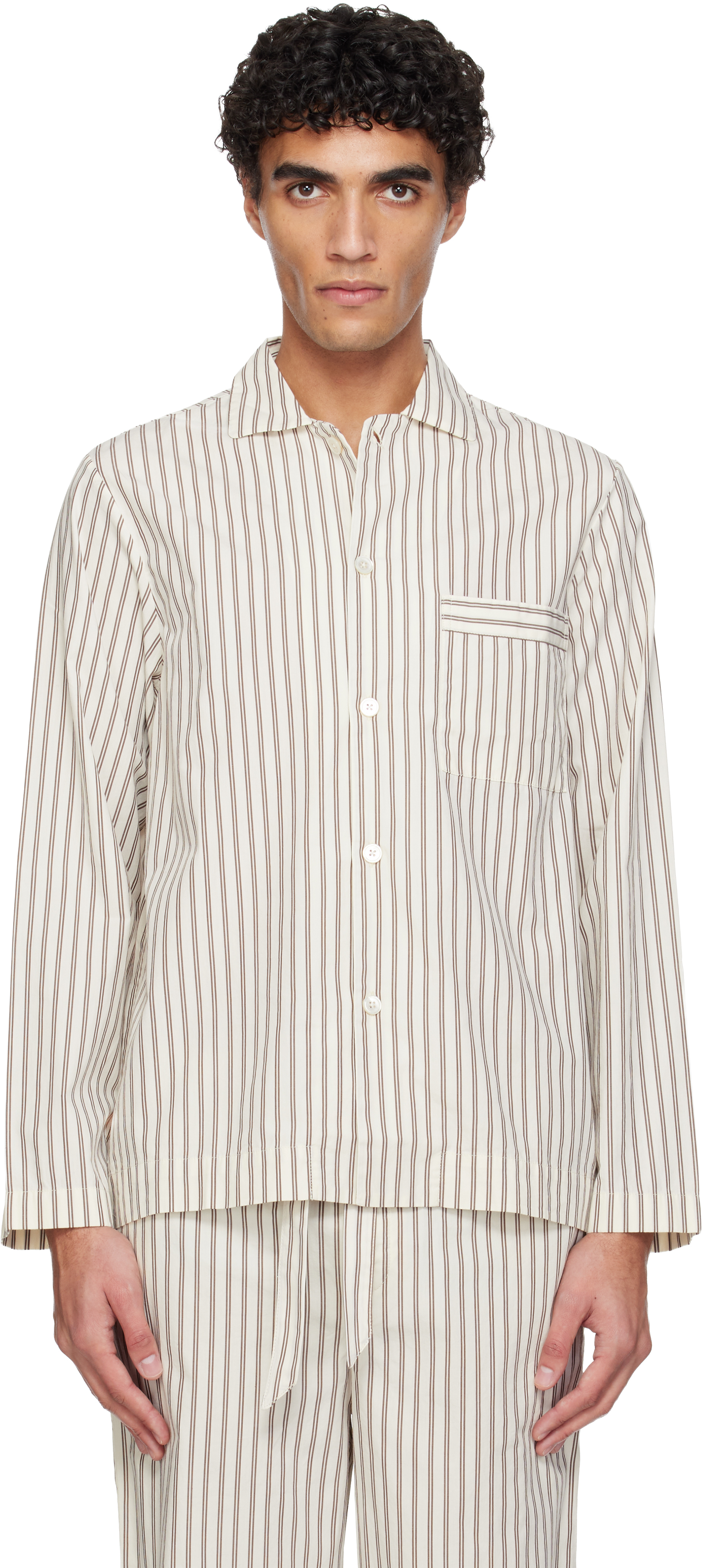 White & Brown Poplin Long-Sleeved Pyjama Shirt