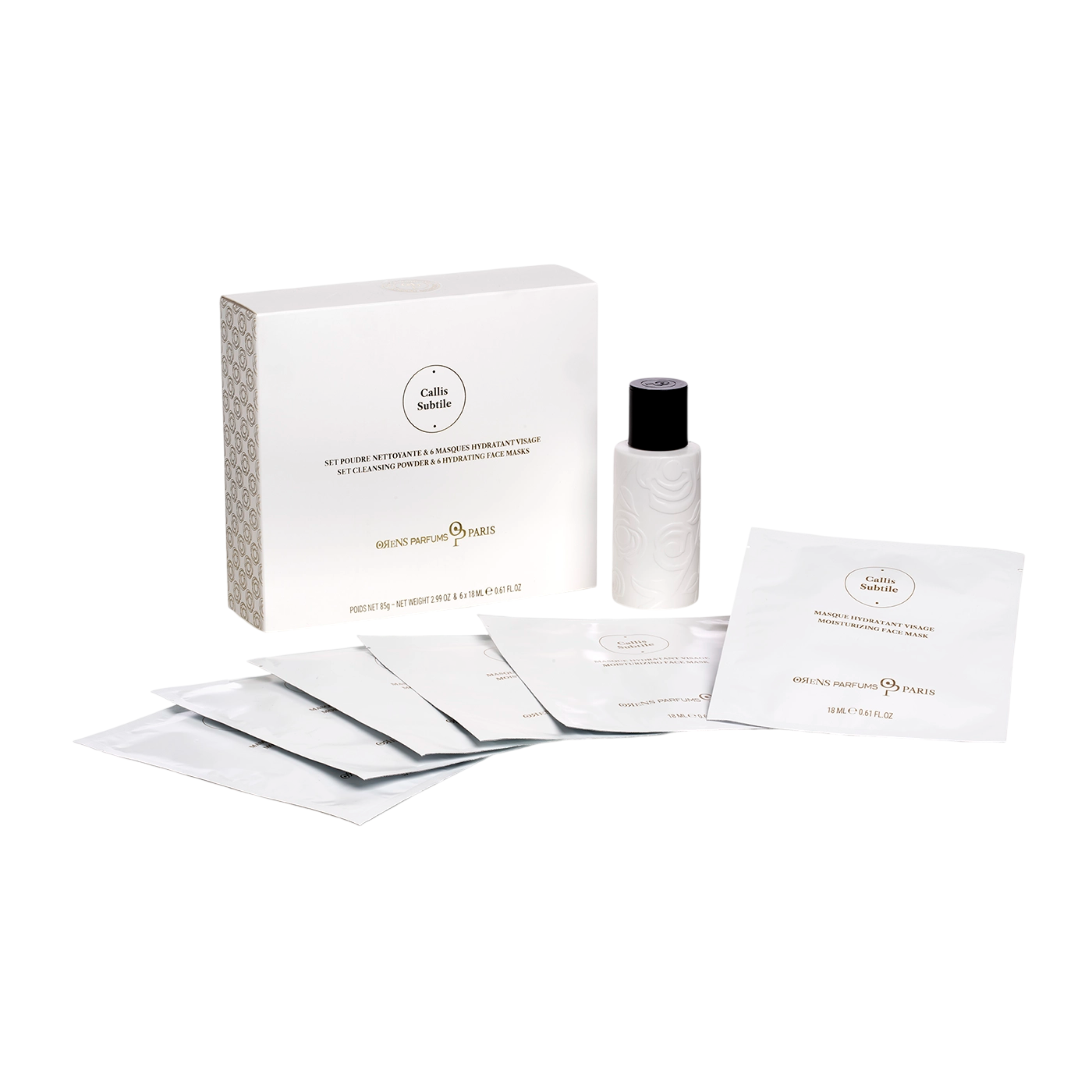 Set Orens Parfums : Callis Subtile, Maschera idratante, in tessuto, per il viso, , + Callis Subtile, Polvere detergente ed esfoliante, 85 g