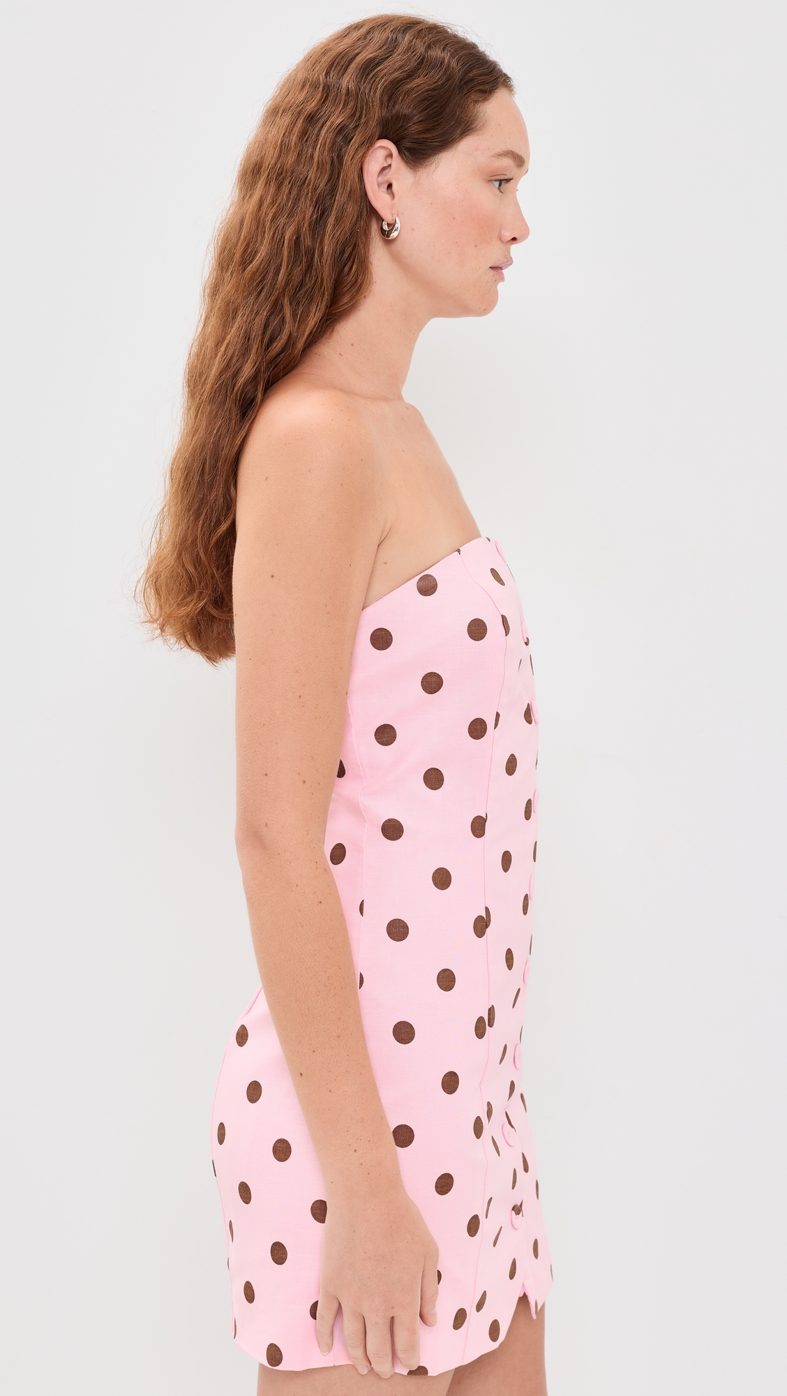Polka Dot Linen Strapless Dress Pink/Brown