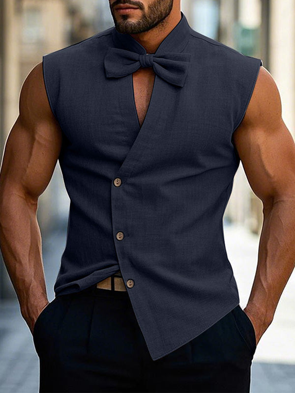 Mens Solid Color Butterfly Bow Sleeveless Shirt SKUK98883 - Dark Blue / S