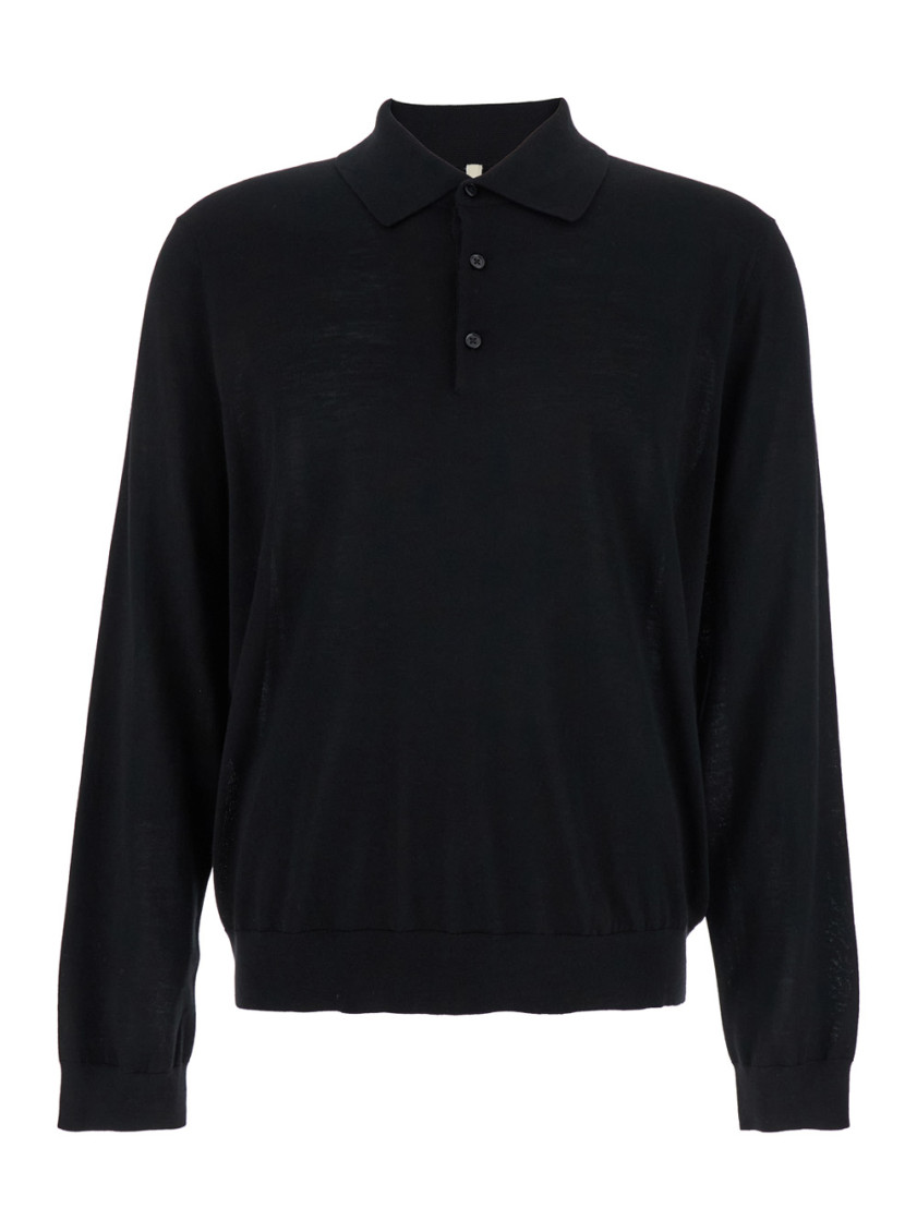 Black Polo Shirt With Classic Collar And Ribbed Trims In Wool Man