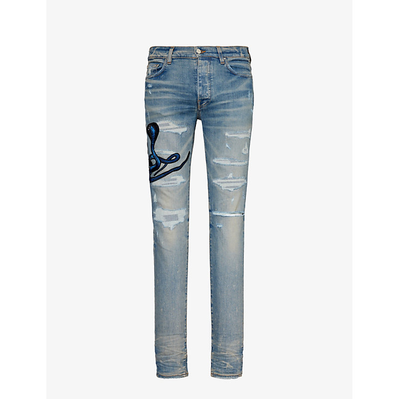 Mens Clay Indigo Snake-patch Slim-fit Tapered Stretch-denim Jeans