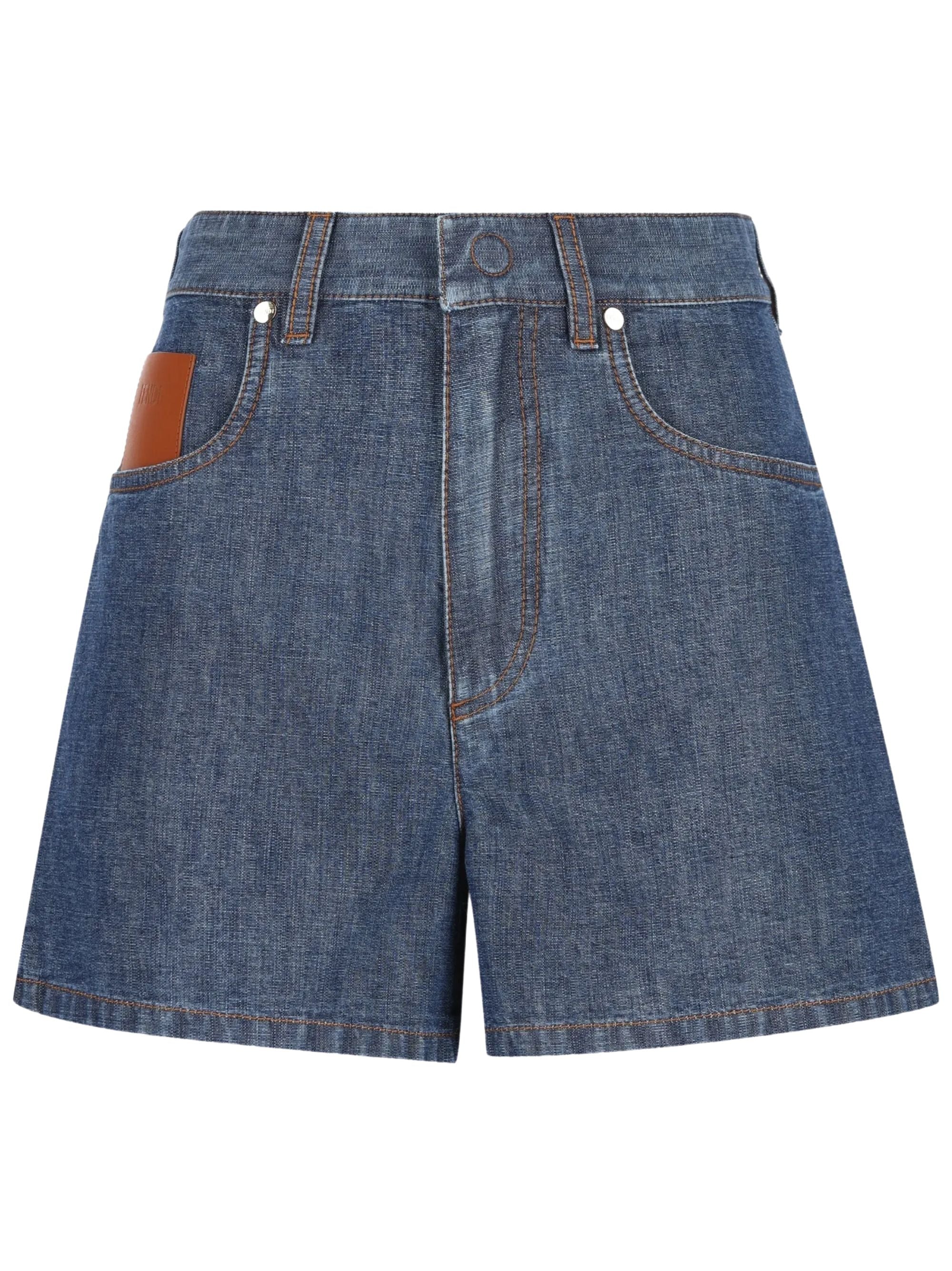 Appliqué Cotton Denim High-Waist Shorts with Leather Logo Patch
