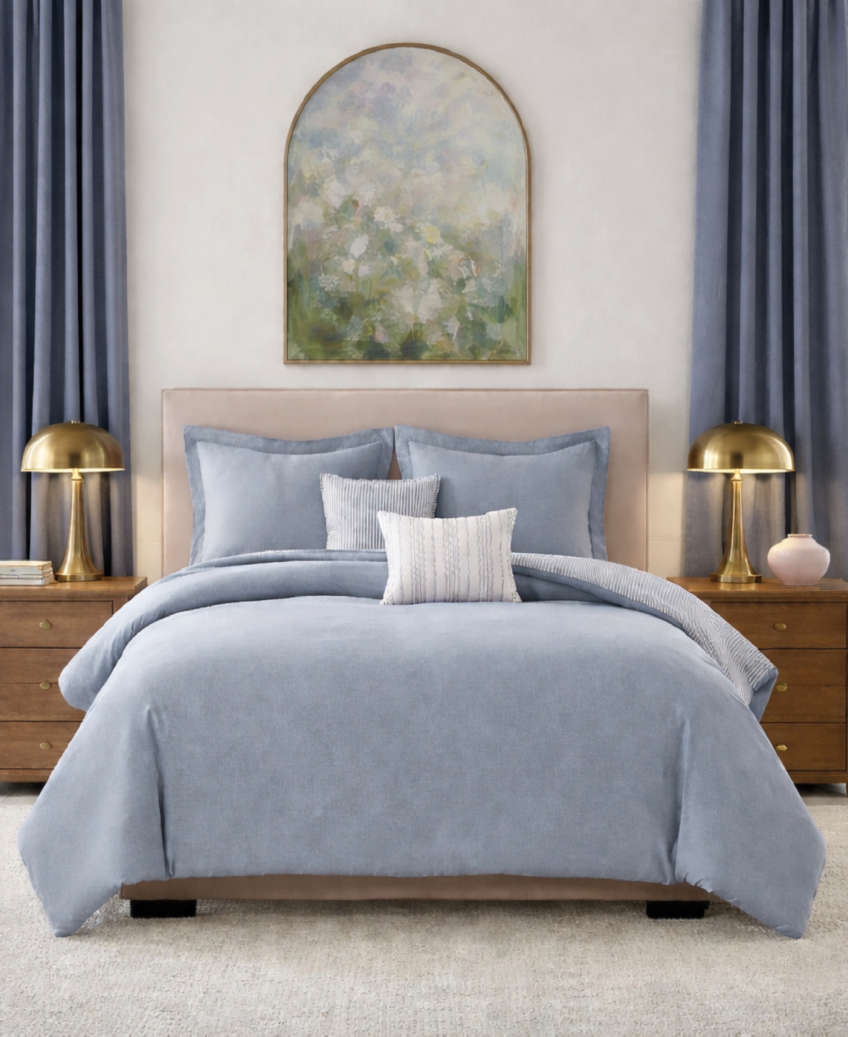 Chambray with Reverse Stripe 5-Piece Comforter Set, King - Blue