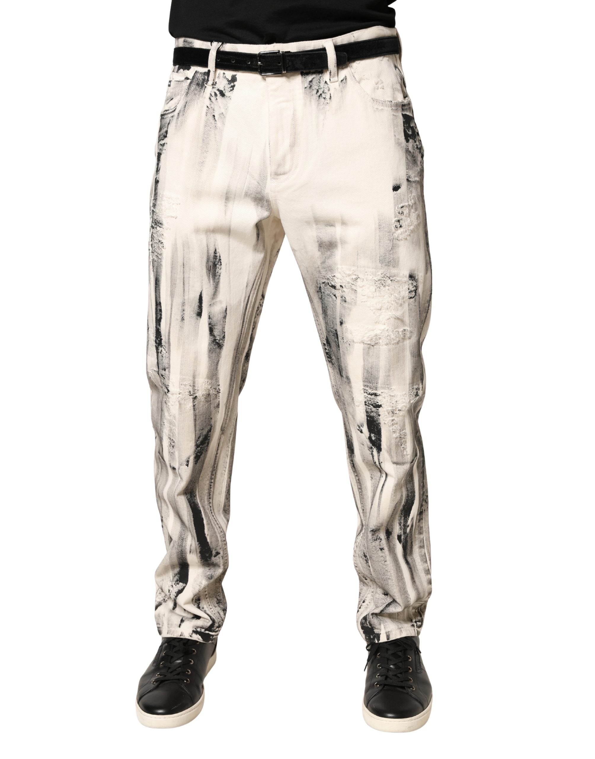 Distressed Paint Print Jeans — White