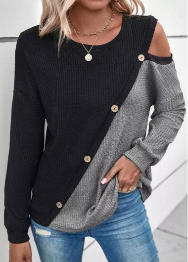 Modlily Black Patchwork Long Sleeve Round Neck Sweatshirt