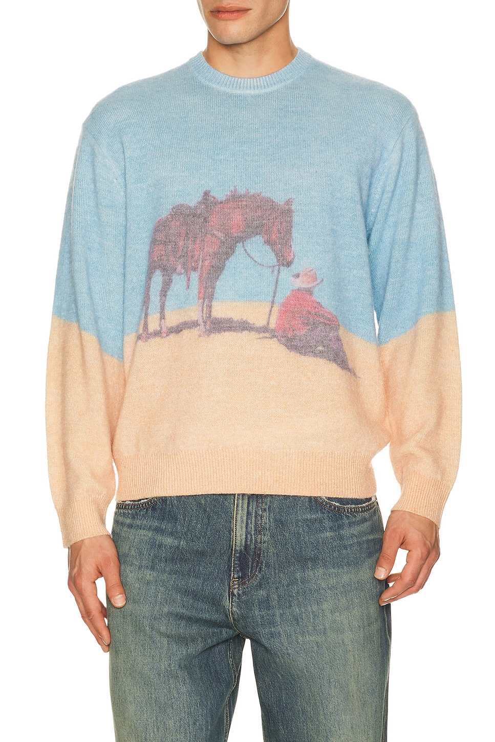 ONE OF THESE DAYS So Far Away Printed Sweater in Multi - Blue,Brown. L also in M, S, XL/1X, XXL/2X